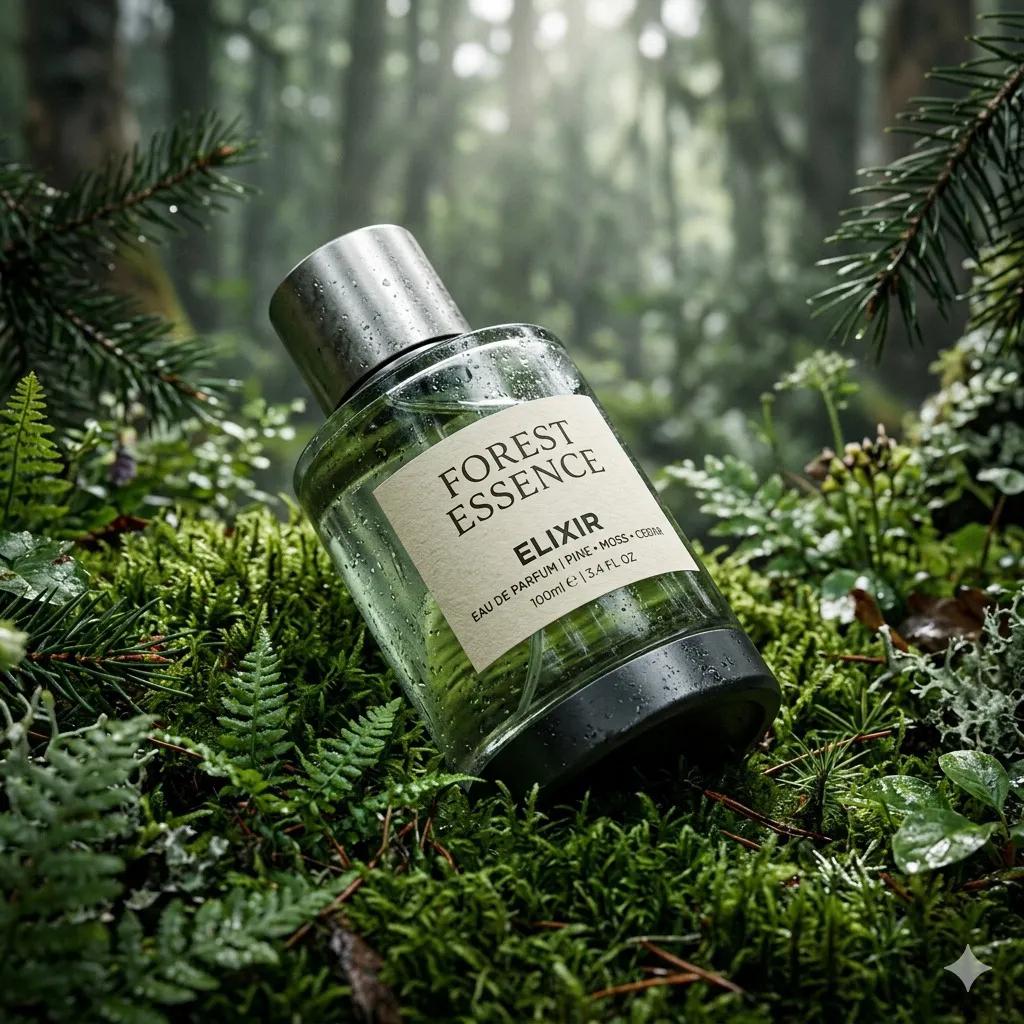 E-commerce Main Image - Ultra-Realistic Forest Essence Elixir Perfume Product Shot