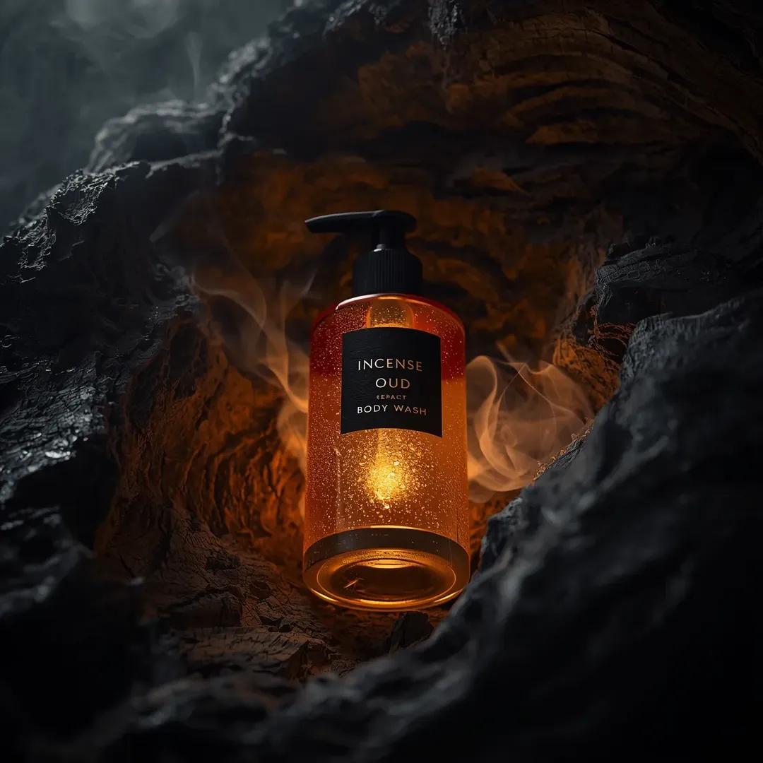 E-commerce Main Image - Ultra-Realistic Product Shot of Incense Oud Body Wash