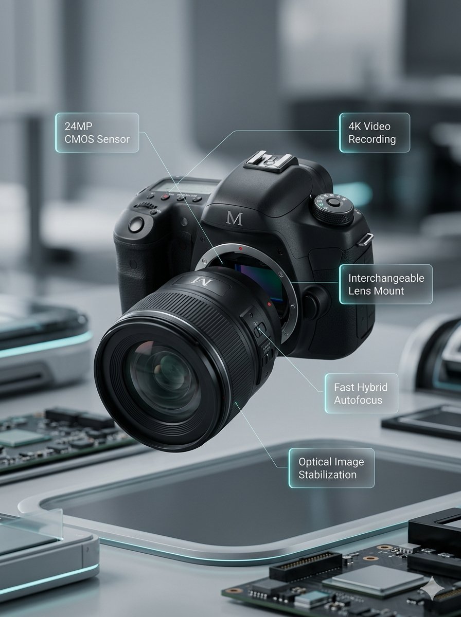 E-commerce Main Image - Deconstructed and Assembled M DSLR Camera Visualization