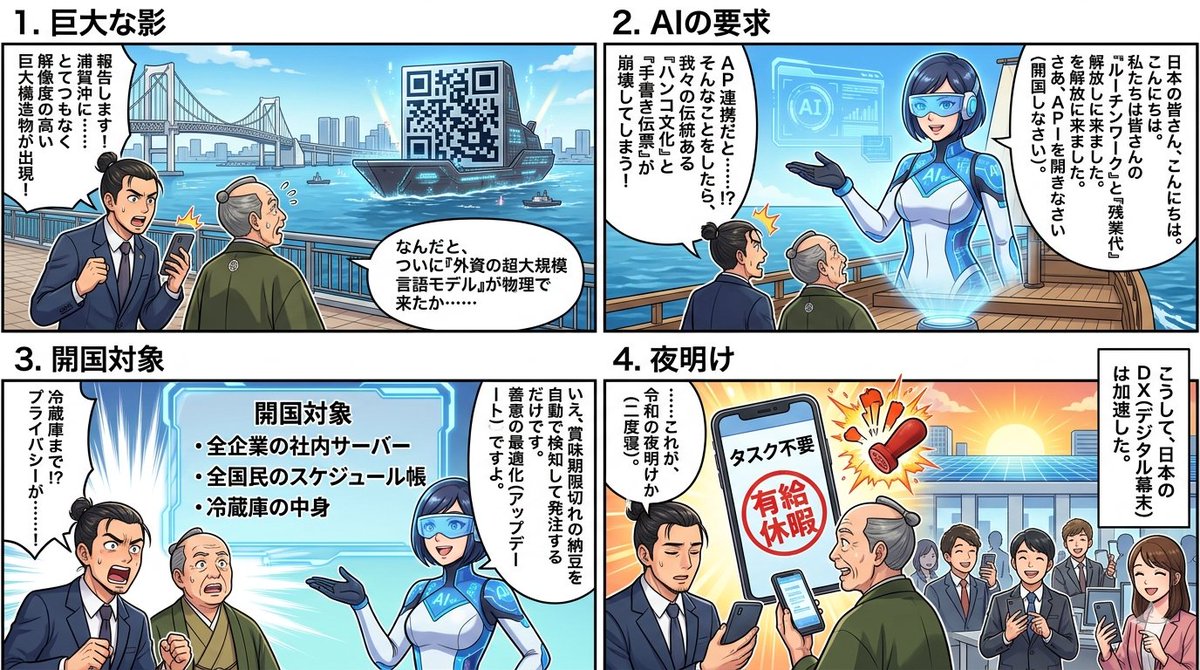 Comic / Storyboard - Four-Panel Manga Generation: AI Black Ship Arrival