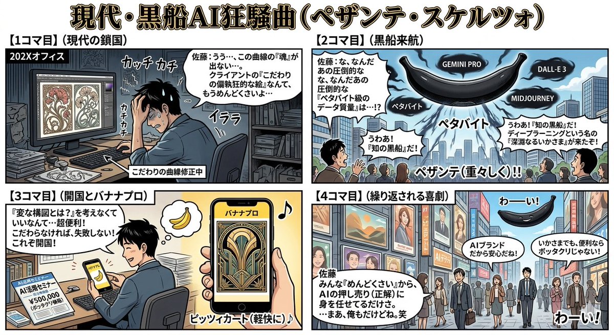Comic / Storyboard - Four-Panel Manga Generation: Modern Black Ship AI Rhapsody