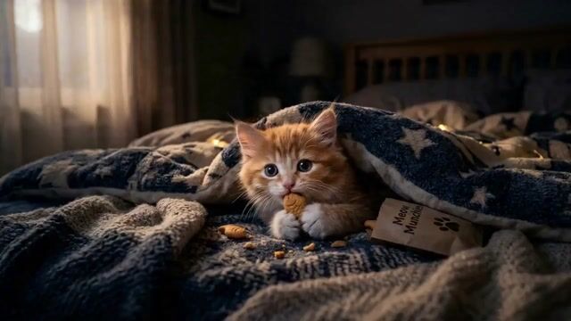 Kitten Secretly Eating Snacks Cinematic Video Prompt