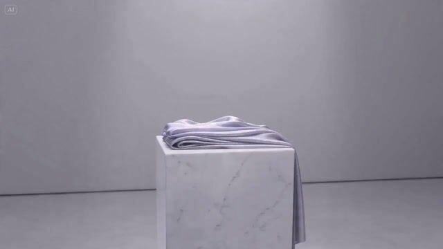 Pixar-style 3D animation of iridescent fabric on a marble pedestal