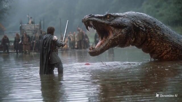 1980s fantasy film scene of a knight fighting a lake monster